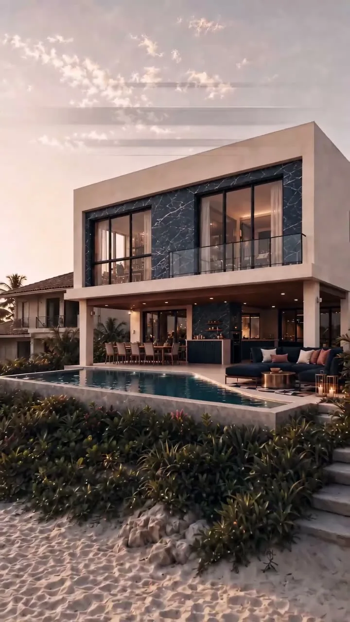 Residência beachfront iluminada ao entardecer